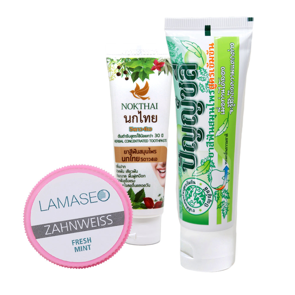 Lamaseo - Zahnweiss Pflegeset - für extra weisse und gesunde Zähne - Naturprodukt - bestehend aus 1 Kräuterzahnpaste, Zahnweiss Tube pink und Zahnweiss rund Lamaseo