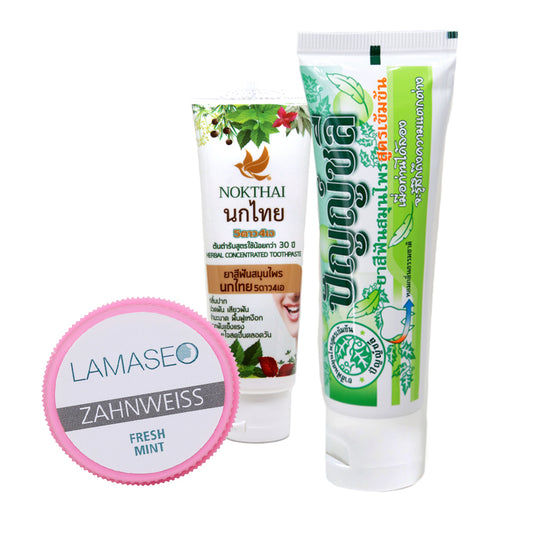 Lamaseo - Zahnweiss Pflegeset - für extra weisse und gesunde Zähne - Naturprodukt - bestehend aus 1 Kräuterzahnpaste, Zahnweiss Tube pink und Zahnweiss rund